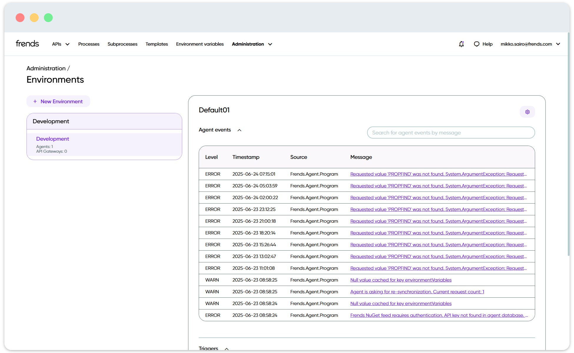 Picture shows Frends Agent's events from a development environment.
